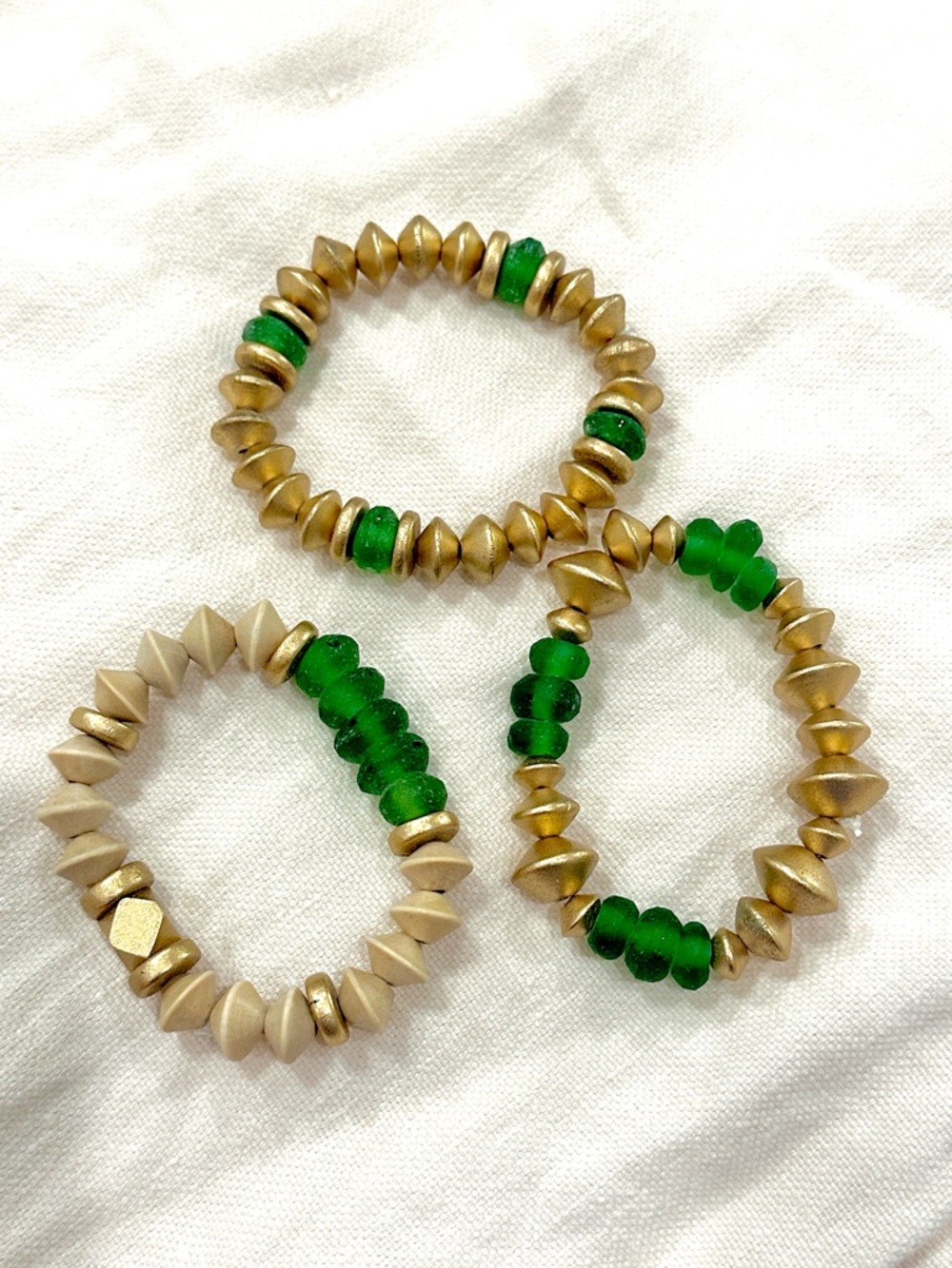 Green and Gold Beaded Stretch Bracelet Set - Women Jewelry